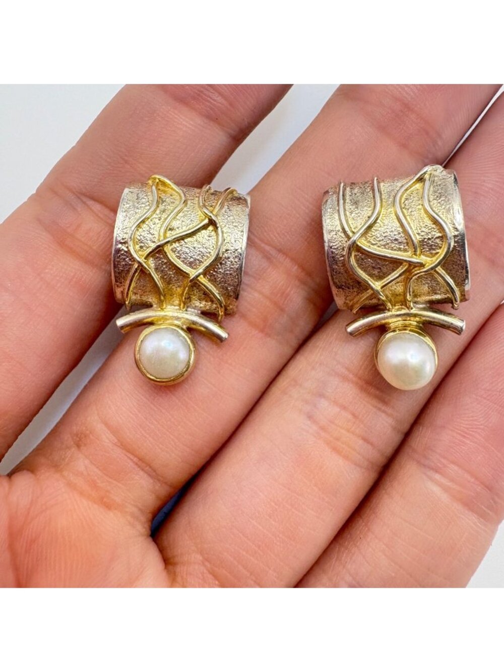 Handmade Pearl Abstract Modernist Brutalist Sterling Silver Earrings Post Backs